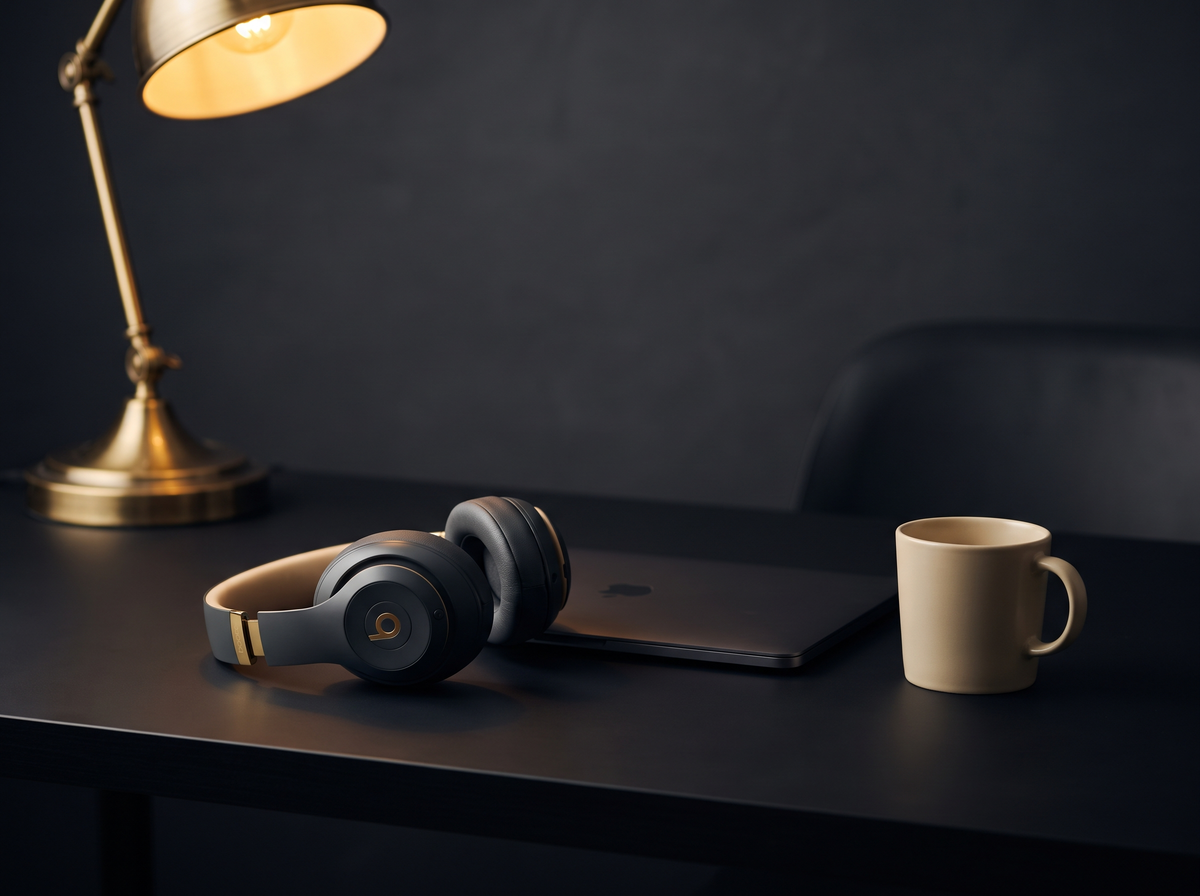 AI System Support Session — headset and laptop on a dark desk under a warm gold lamp
