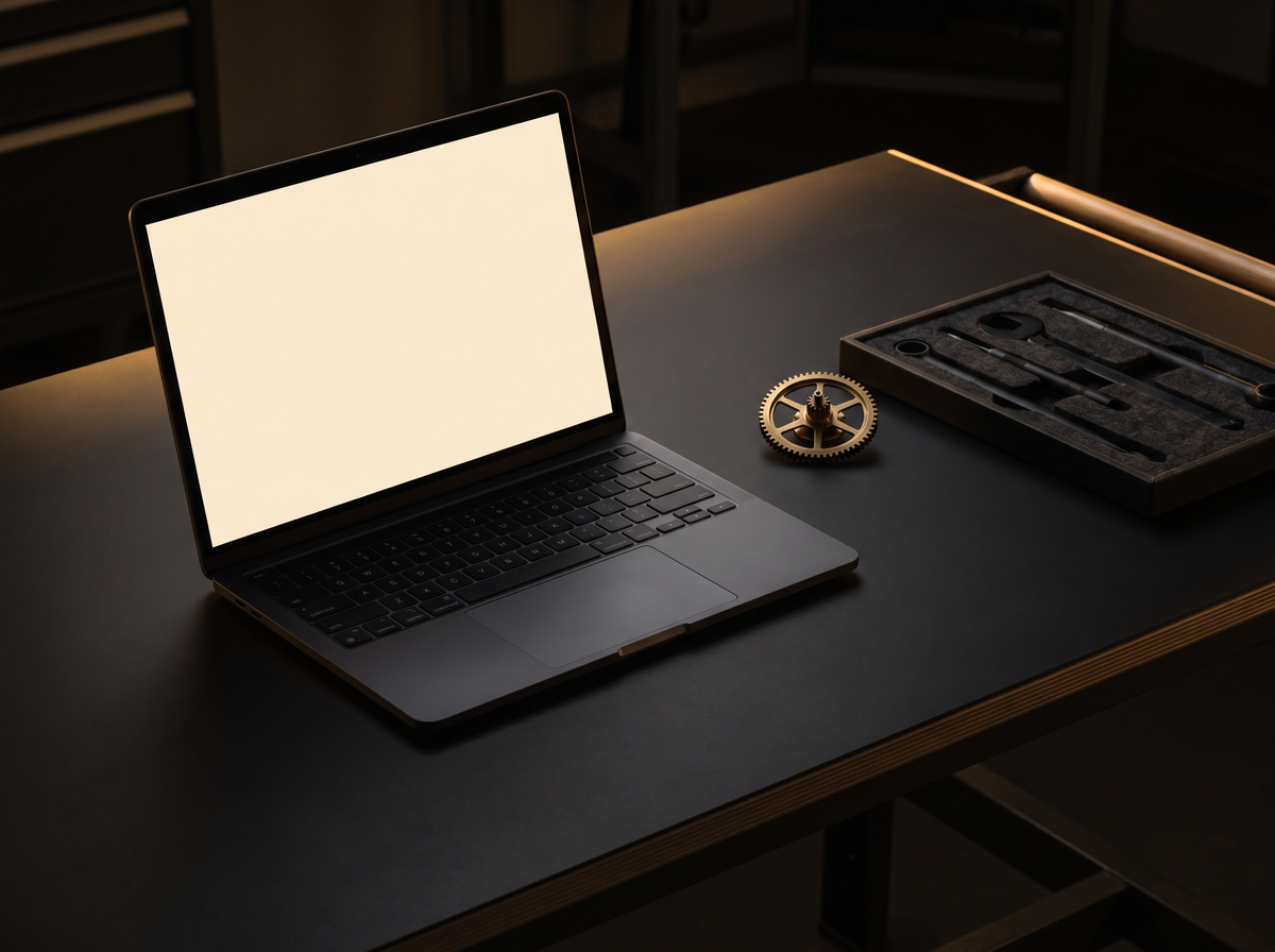 x402 Seller Implementation — laptop and brass components on a dark workbench