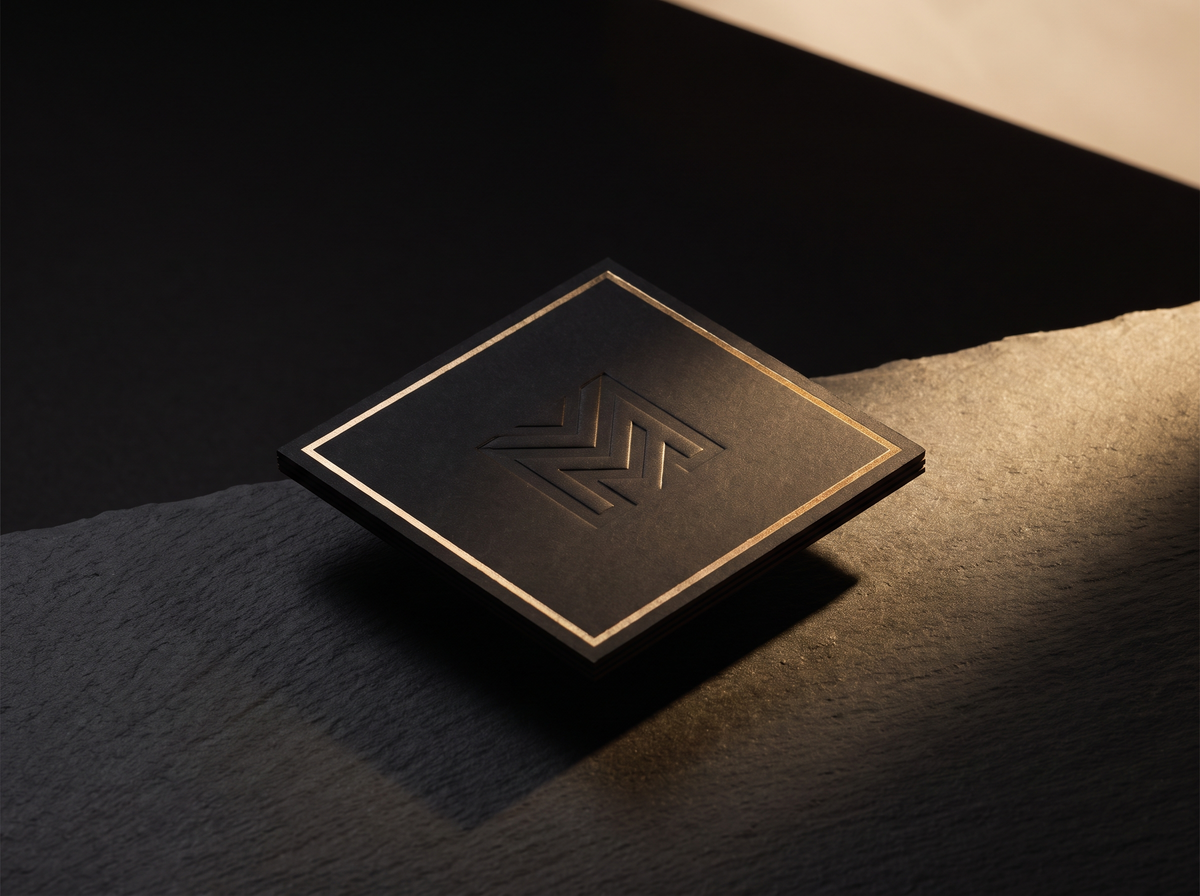 Logo Design — an embossed brand mark impression in black card with gold foil edge