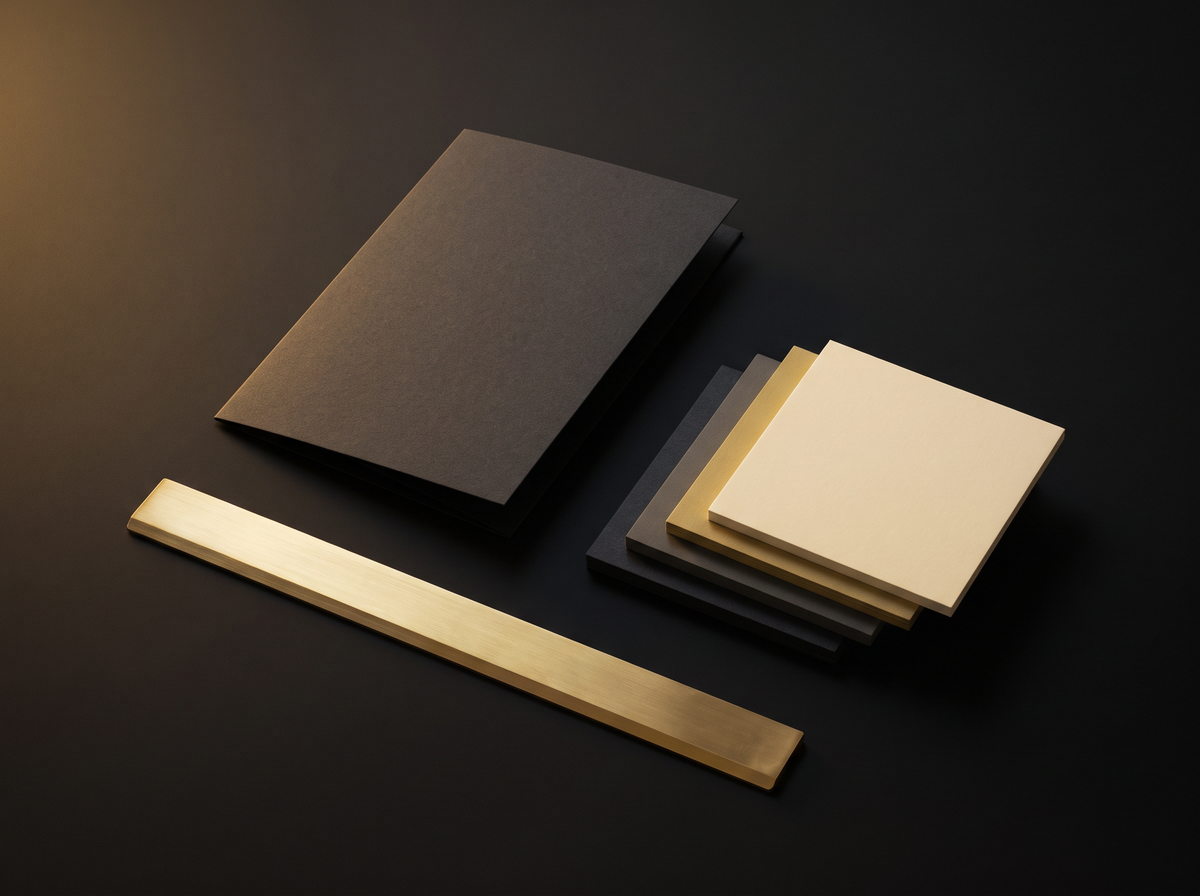 Brand Kits — a folded dark card, graduated swatch chips and a brass rule