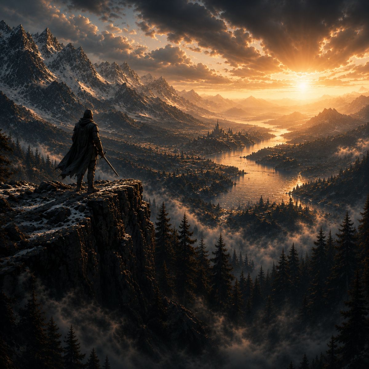 Cinematic digital artwork featuring a lone figure standing on a rugged cliff overlooking a dramatic mountain valley illuminated by golden light breaking through storm clouds, creating an atmospheric and story-driven fantasy landscape.