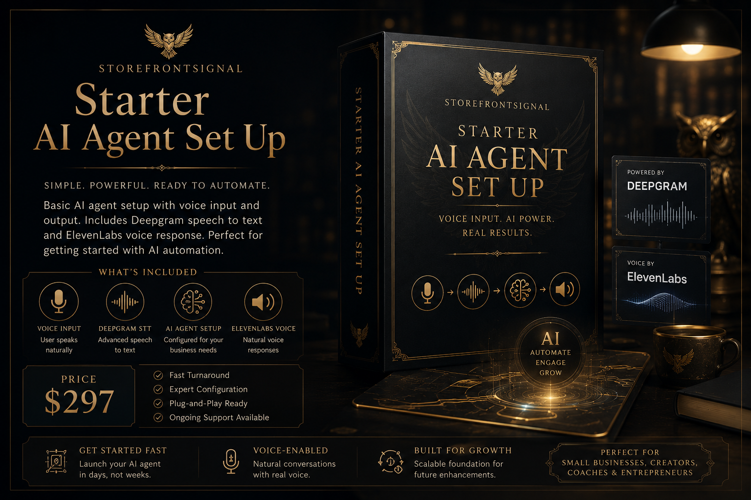 Starter AI Agent Set Up packaging with branding and product details on a dark background