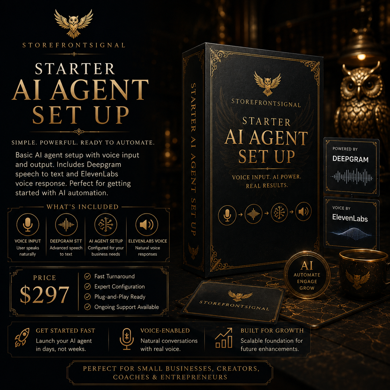 Starter AI Agent Set Up packaging with branding and product details on a dark background