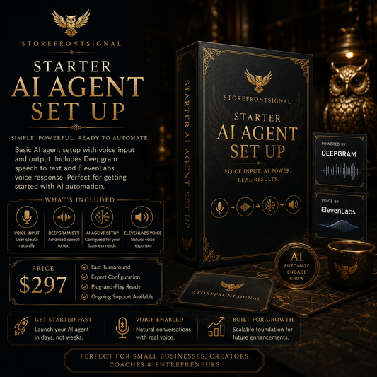 Starter AI Agent Set Up packaging with branding and product details on a dark background