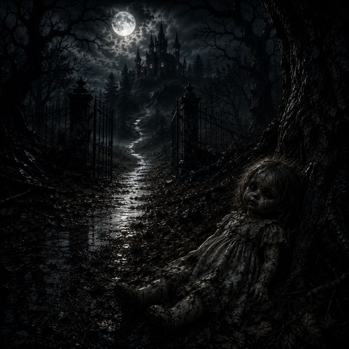 Gothic scene with a doll in a dark forest path leading to a castle under a moonlit sky.