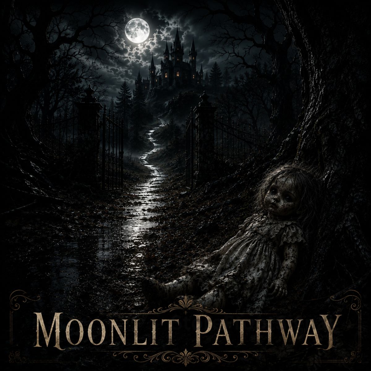 Dark, gothic scene with a moonlit pathway and a figure by a tree, titled 'Moonlit Pathway'.