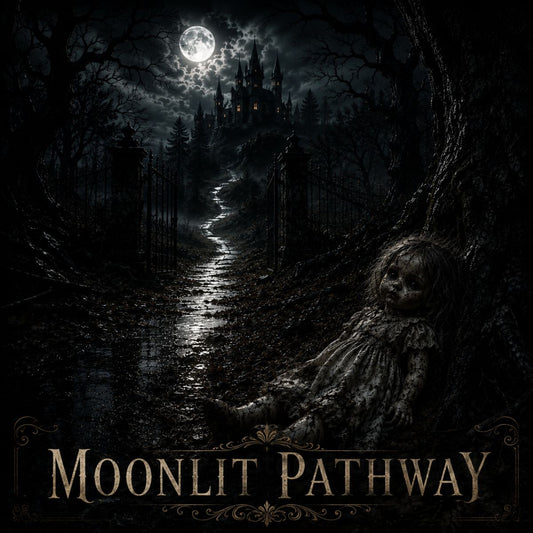 Dark, gothic scene with a moonlit pathway and a figure by a tree, titled 'Moonlit Pathway'.