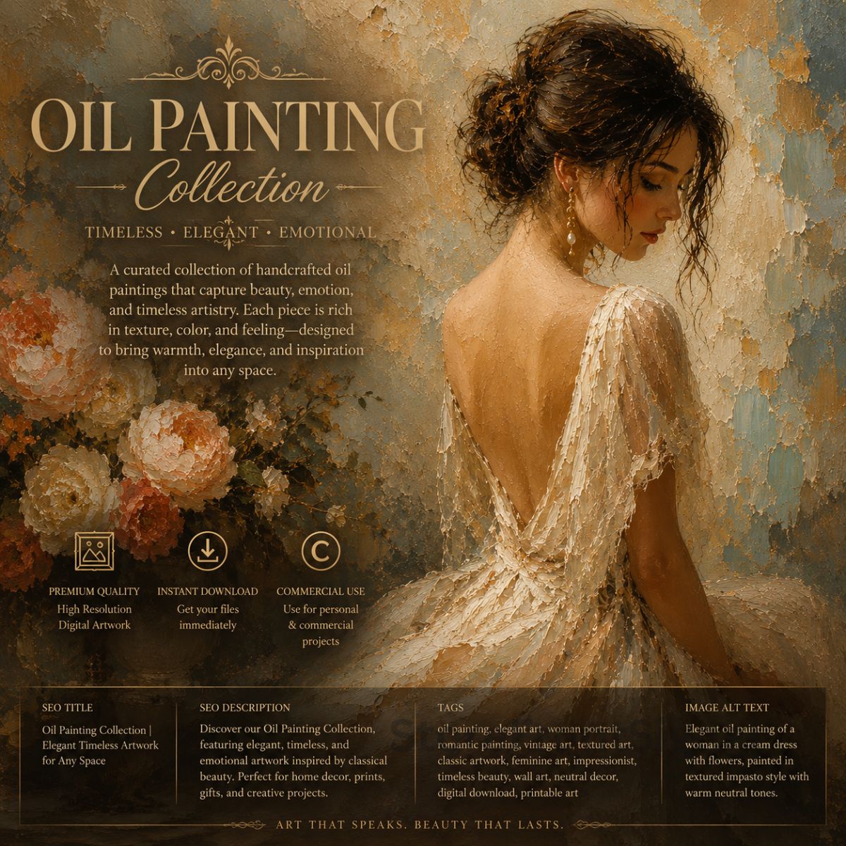 Artistic depiction of a woman in a lace dress with text about an Oil Painting Collection.