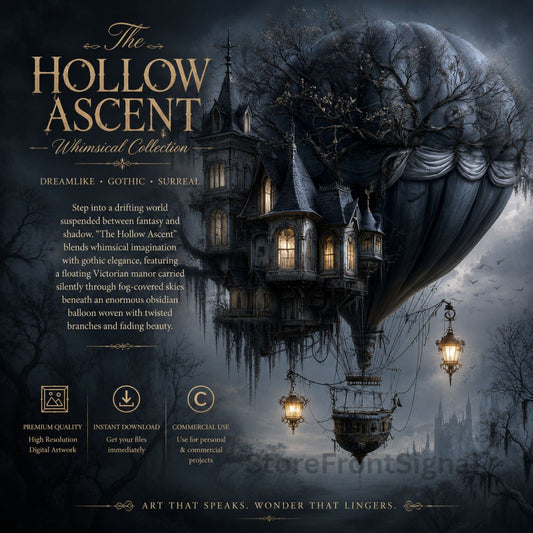 Gothic-style illustration of a floating manor with a large balloon, titled 'The Hollow Ascent'.