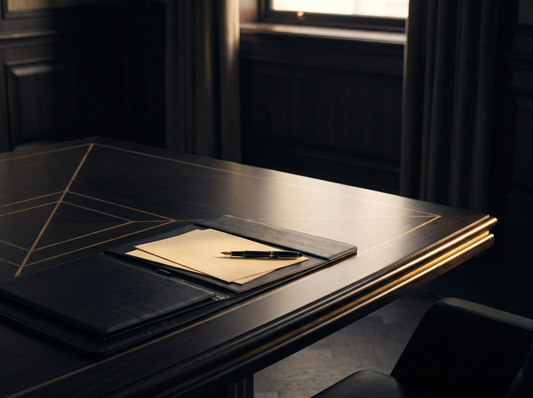 Enterprise Signal — dark executive boardroom table with gold inlay and leather portfolio