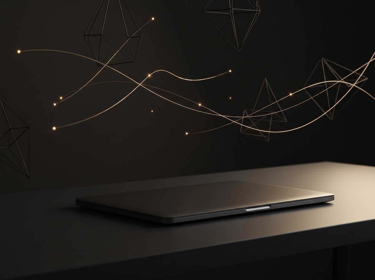 Agentic AI Workflow System — connected gold light nodes above a dark workspace