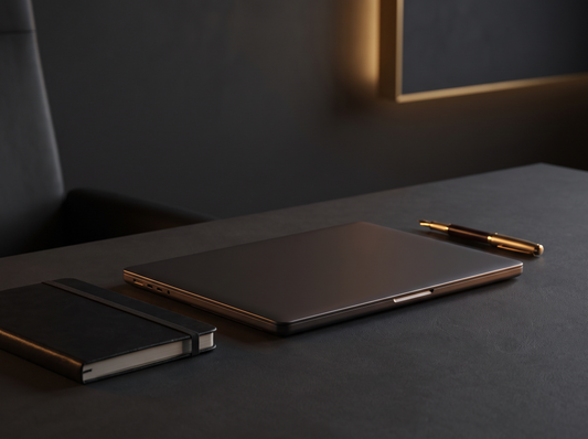 AI Business Assistant — a single laptop and notebook on a dark desk with warm gold lighting