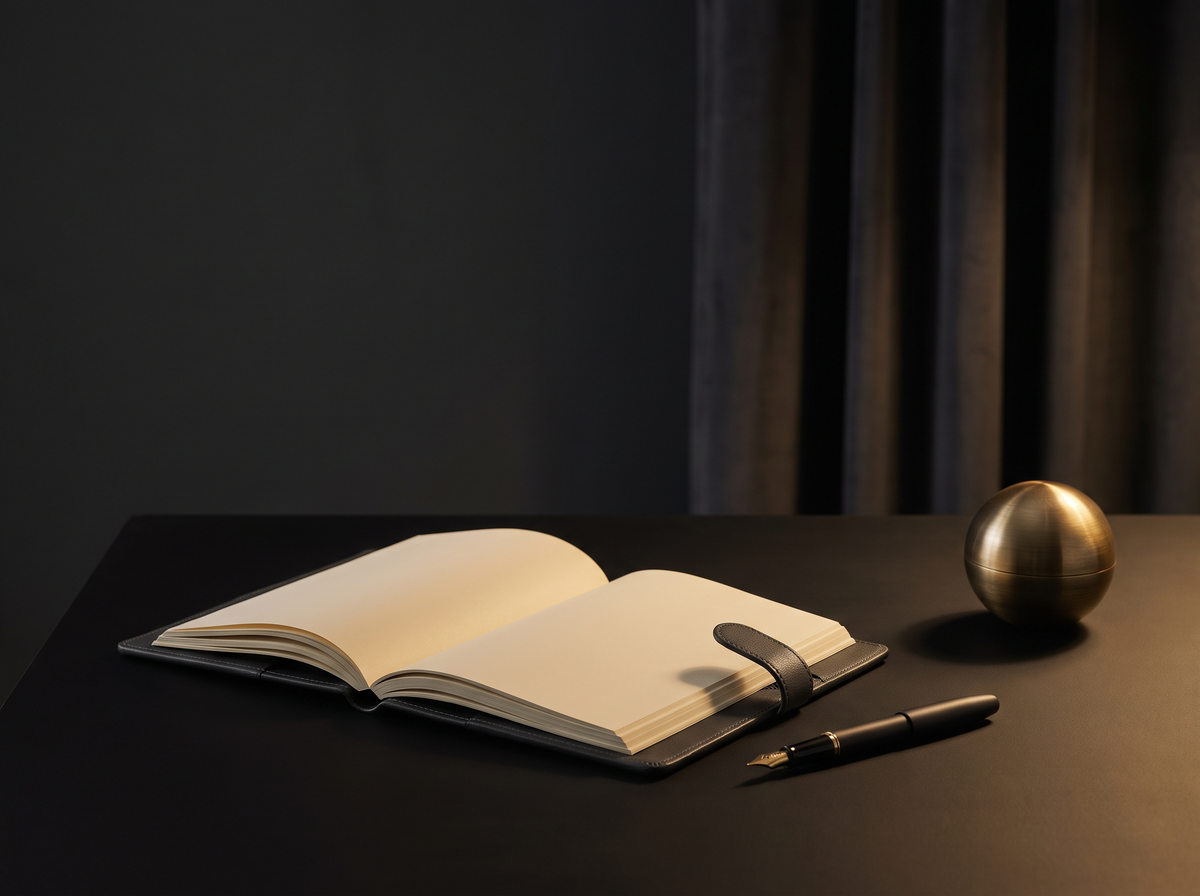 Monthly Retainer — dark desk planner and fountain pen under warm gold light