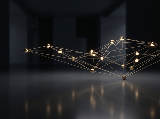 Agent-Ready Commerce System — lattice of connected gold nodes above a dark surface