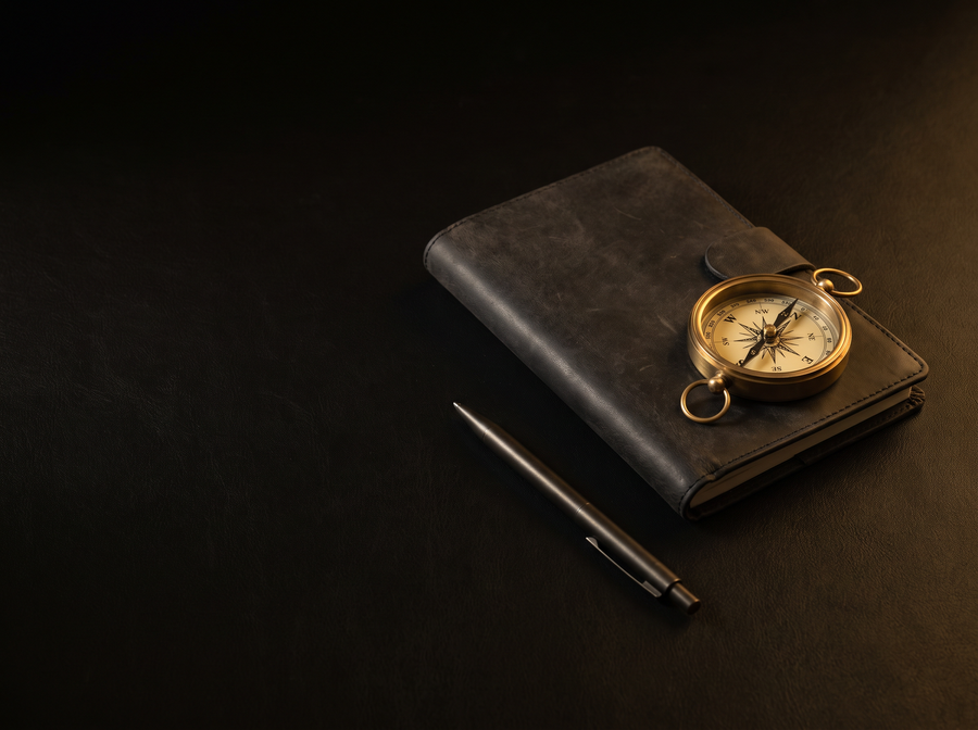 x402 Readiness and Strategy — leather folio and brass compass on a dark desk