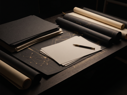 Custom Agentic System — dark architect's desk with drafting sheets and gold light tracing