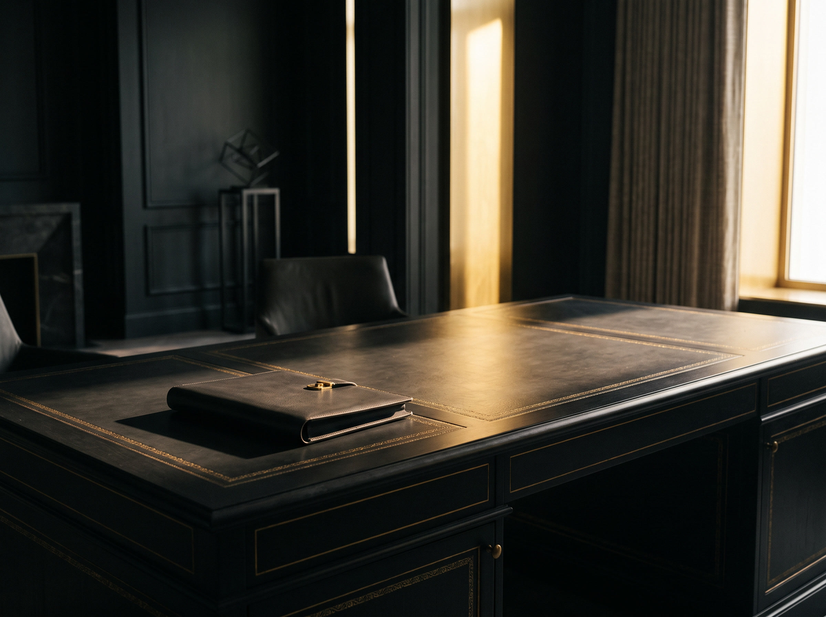Full x402 and Agentic Infrastructure — wide dark executive desk with gold inlay and leather portfolio