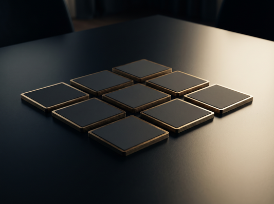 Social Media Graphics — a three by three grid of dark cards rimmed in gold light