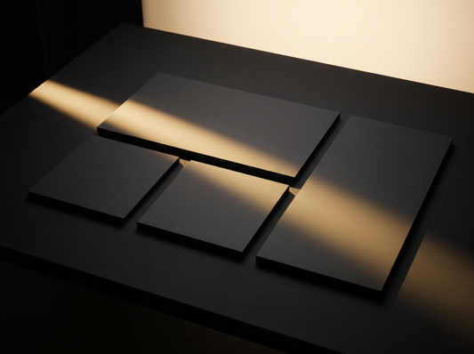Digital Campaign Graphics — dark panels in several proportions unified by one sweep of gold light
