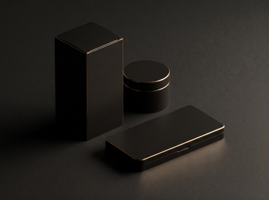 Product Mockups — unbranded matte black packaging forms with gold rim lighting