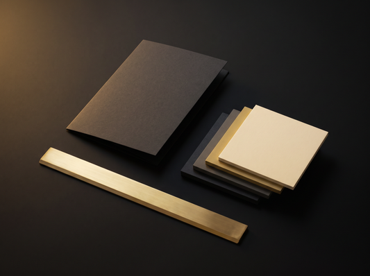 Brand Kits — a folded dark card, graduated swatch chips and a brass rule